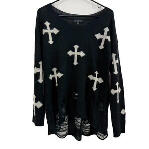 TCEC Crosses Sweater Womens Large Black Pullover Top Destroyed Goth Alt Punk